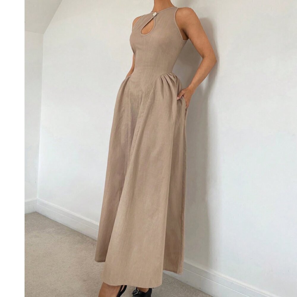 Hollow Front Cinched Waist A-Line Side Ruched Maxi Dress tan - Picture 3 of 7